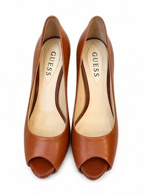 Guess Vintage Brown Leather Peep Toe Platform Stiletto Heels Size 5.5